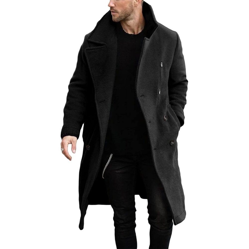 Mens Black Double Breasted  Casual Lapel Collar Business Winter Trench Coat